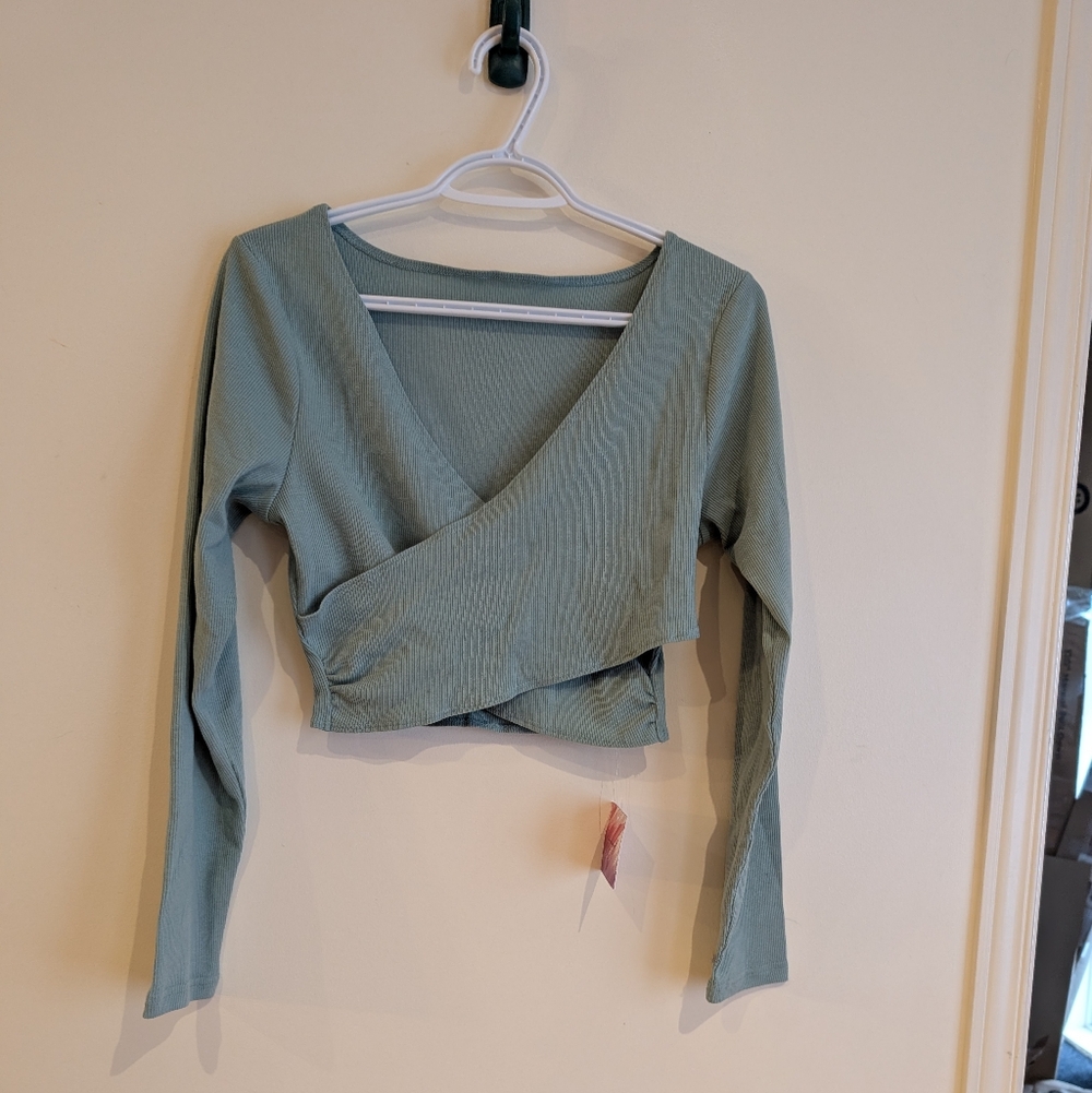 Chicwish Sage Green Long Sleeve Crop Top